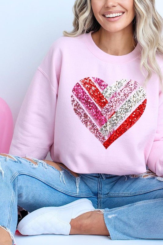 Faux Sequins Striped Heart Graphic Sweatshirt - Bitsy Gypsy Boutique