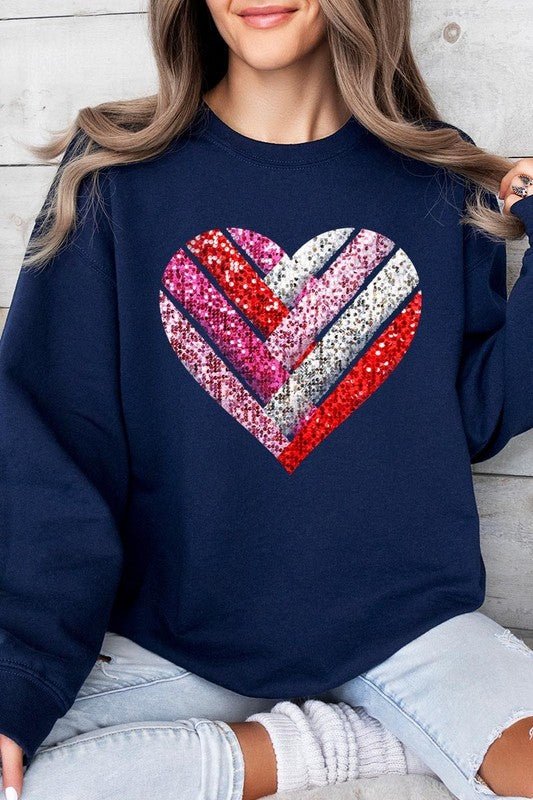 Faux Sequins Striped Heart Graphic Sweatshirt - Bitsy Gypsy Boutique