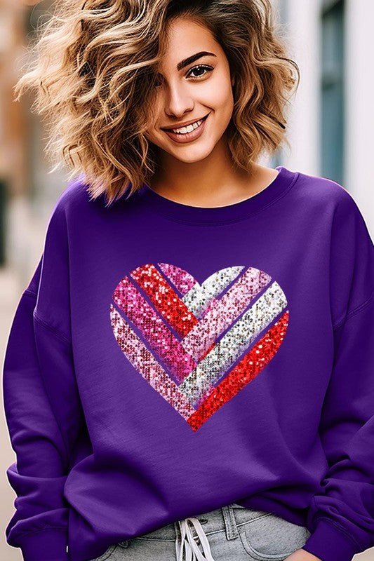 Faux Sequins Striped Heart Graphic Sweatshirt - Bitsy Gypsy Boutique