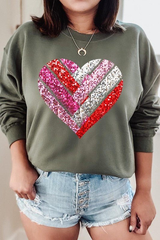 Faux Sequins Striped Heart Graphic Sweatshirt - Bitsy Gypsy Boutique