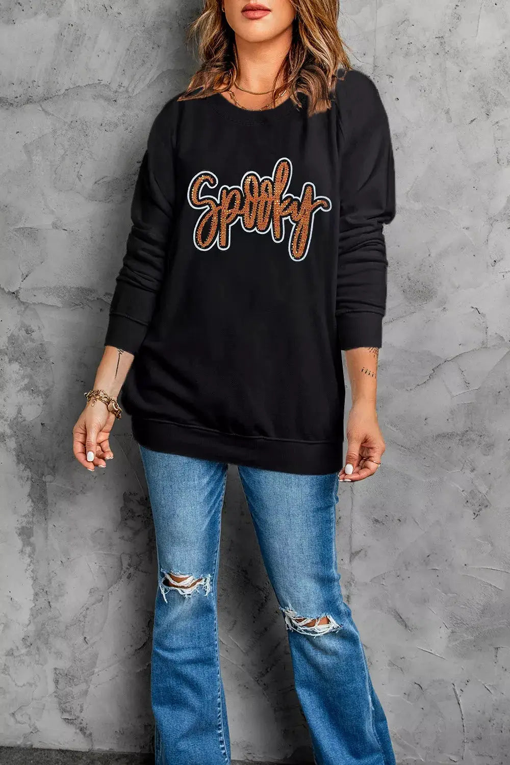 Spooky Rhinestone Drop Shoulder Sweatshirt by Trendsi