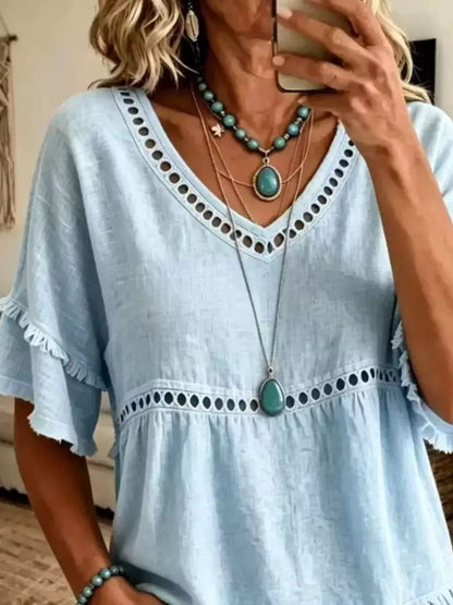 Eyelet V-Neck Frayed Edge T-Shirt by Trendsi