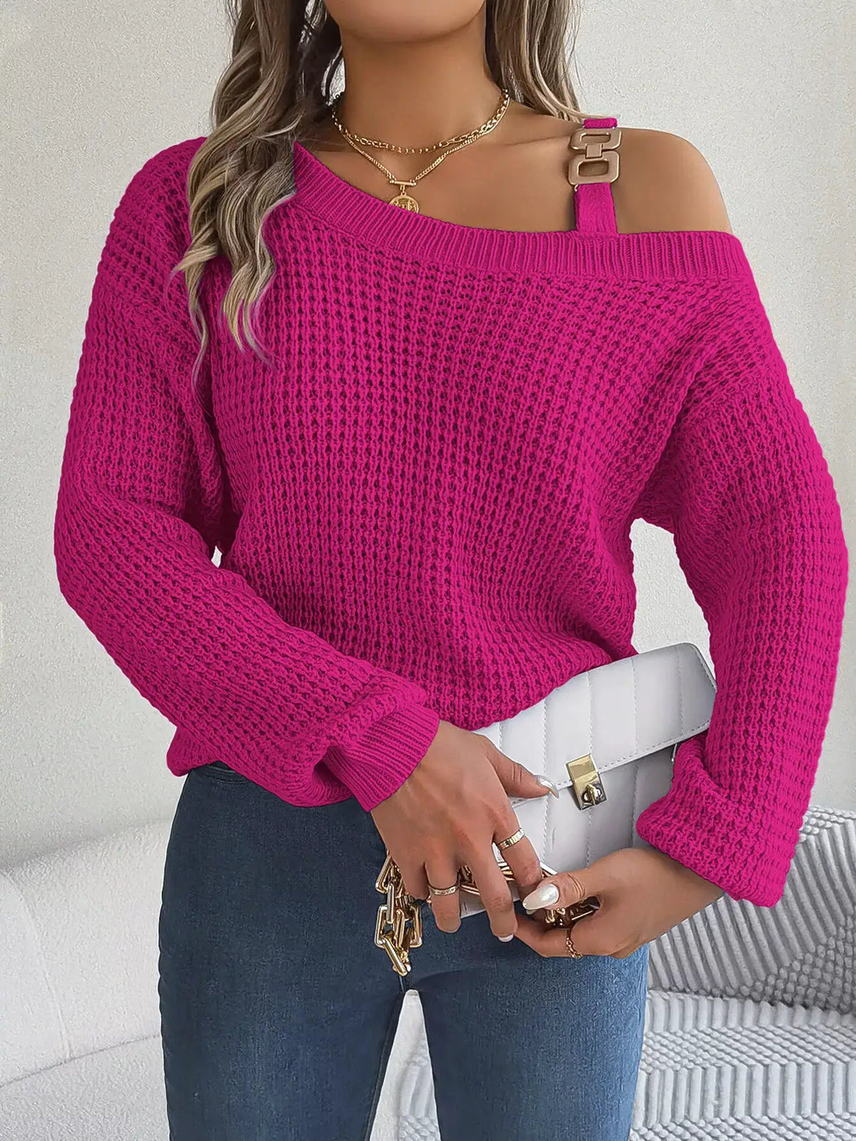 Asymmetrical Neck Long Sleeve Sweater by Trendsi