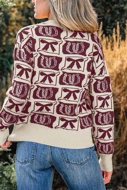 Bows & Horseshoes Pattern Western Round Neck Sweater by Trendsi