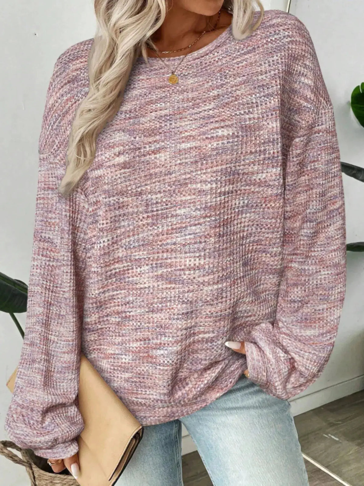 Space-Dyed Long Sleeve Waffle-Knit Top by Trendsi