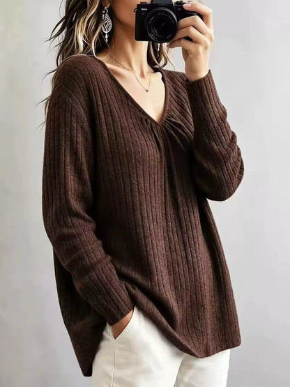 V-Neck Ribbed Long Sleeve T-Shirt by Trendsi