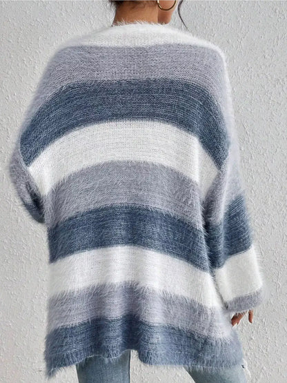 Striped Open Front Oversized Cardigan by Trendsi