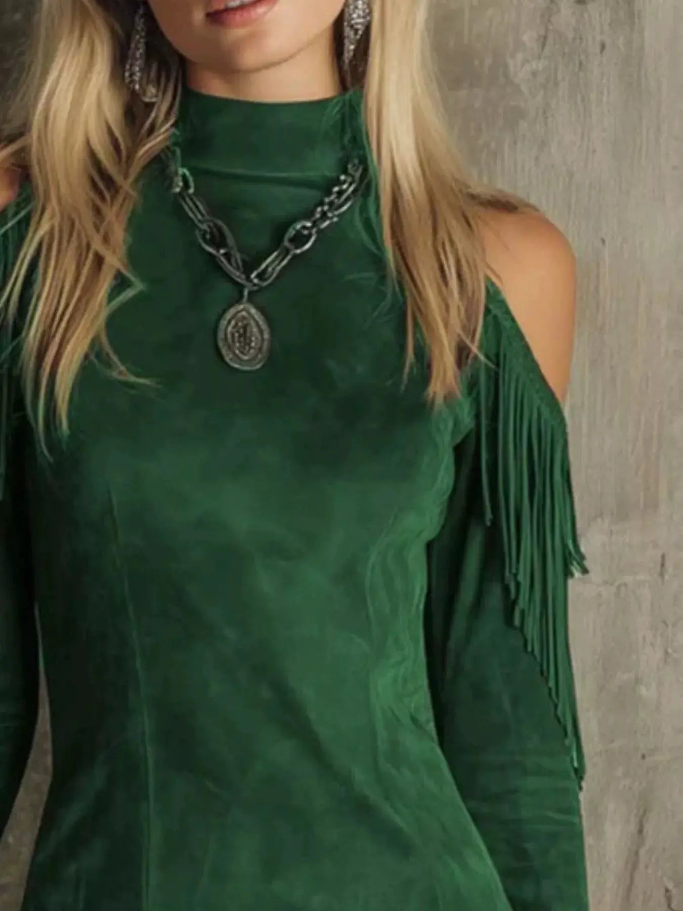 Fringed Cold Shoulder Mini Dress by Trendsi