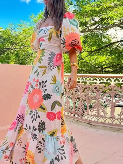 Full Size Floral Print Puff Sleeve Maxi Dress Plus Size by Trendsi