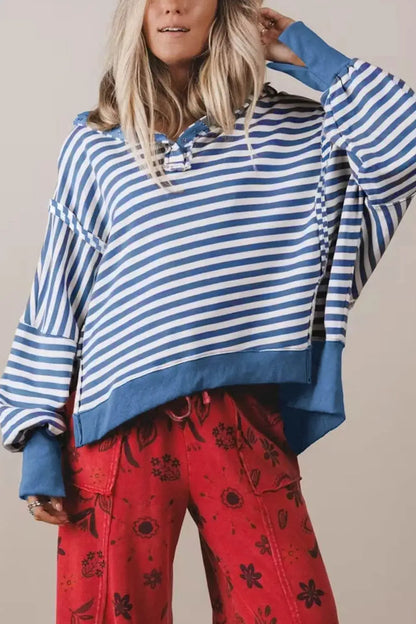 Stripe Color Block Trim Raw Seam Split Hem Loose Sweatshirt by Trendsi