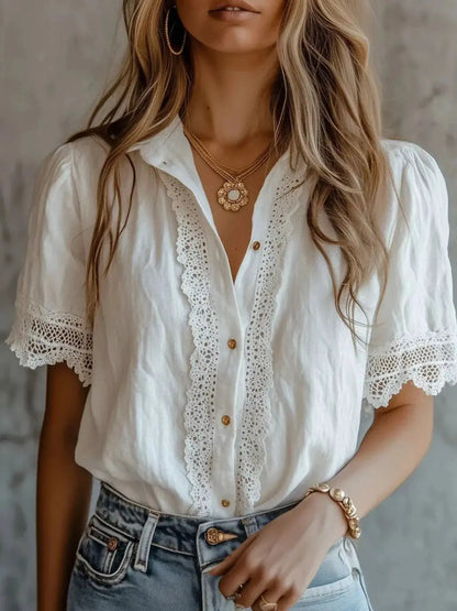 Lace-Trimmed Short Sleeve Button-Down Shirt by Trendsi