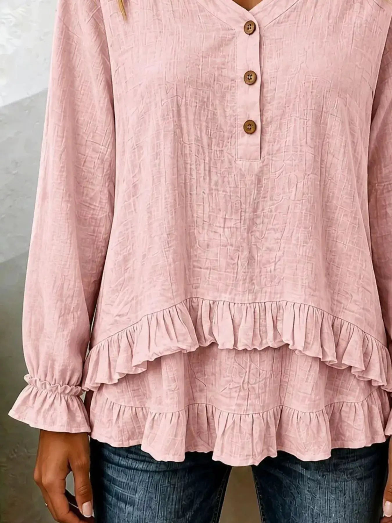 Ruffled Hem Long Sleeve Blouse by Trendsi