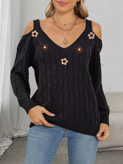 Floral Applique Cold Shoulder Cable Knit Sweater by Trendsi