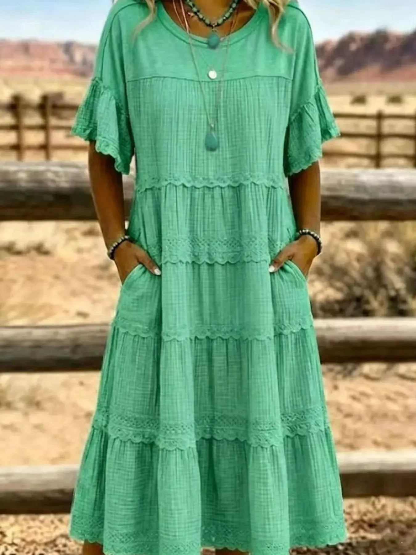 Full Size Tiered Ruffle Sleeve Midi Dress with Pockets Plus Size by Trendsi