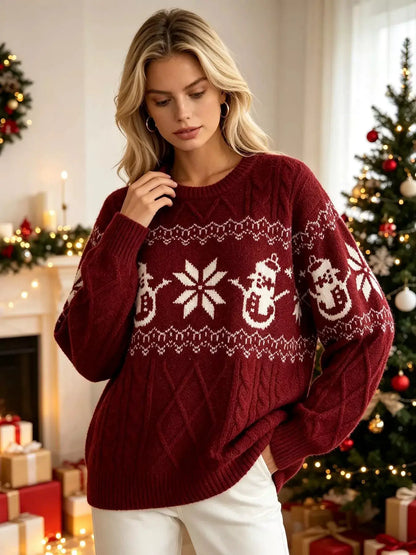 Christmas Snowman Pattern Cable Knit Sweater by Trendsi