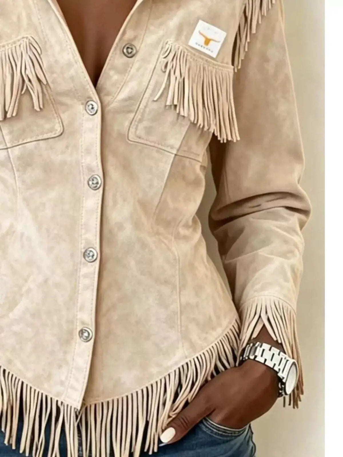 Full Size Fringed Snap Down Jacket Plus Size by Trendsi