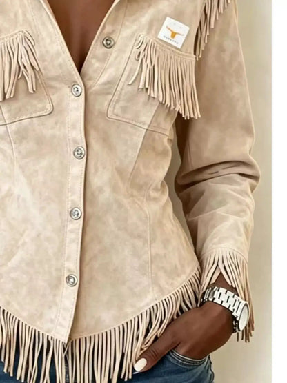 Full Size Fringed Snap Down Jacket Plus Size by Trendsi
