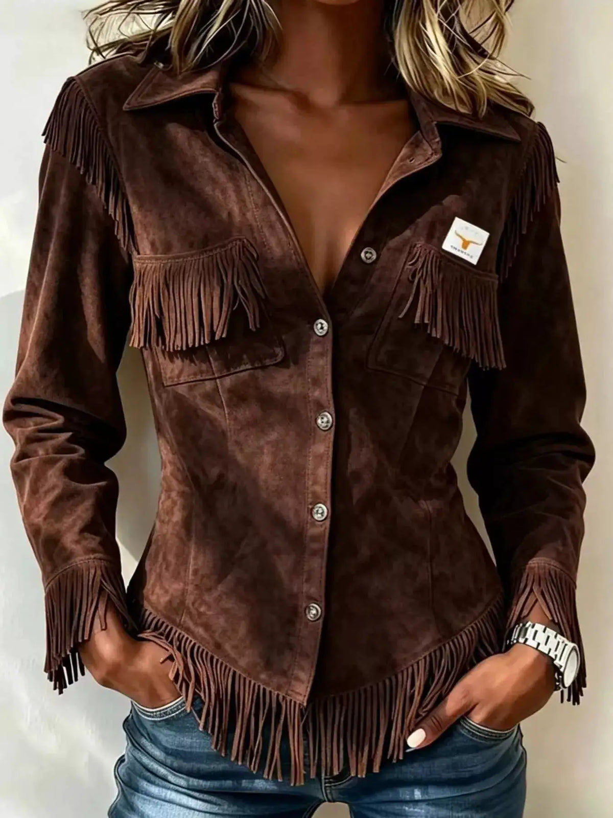 Full Size Fringed Snap Down Jacket Plus Size by Trendsi