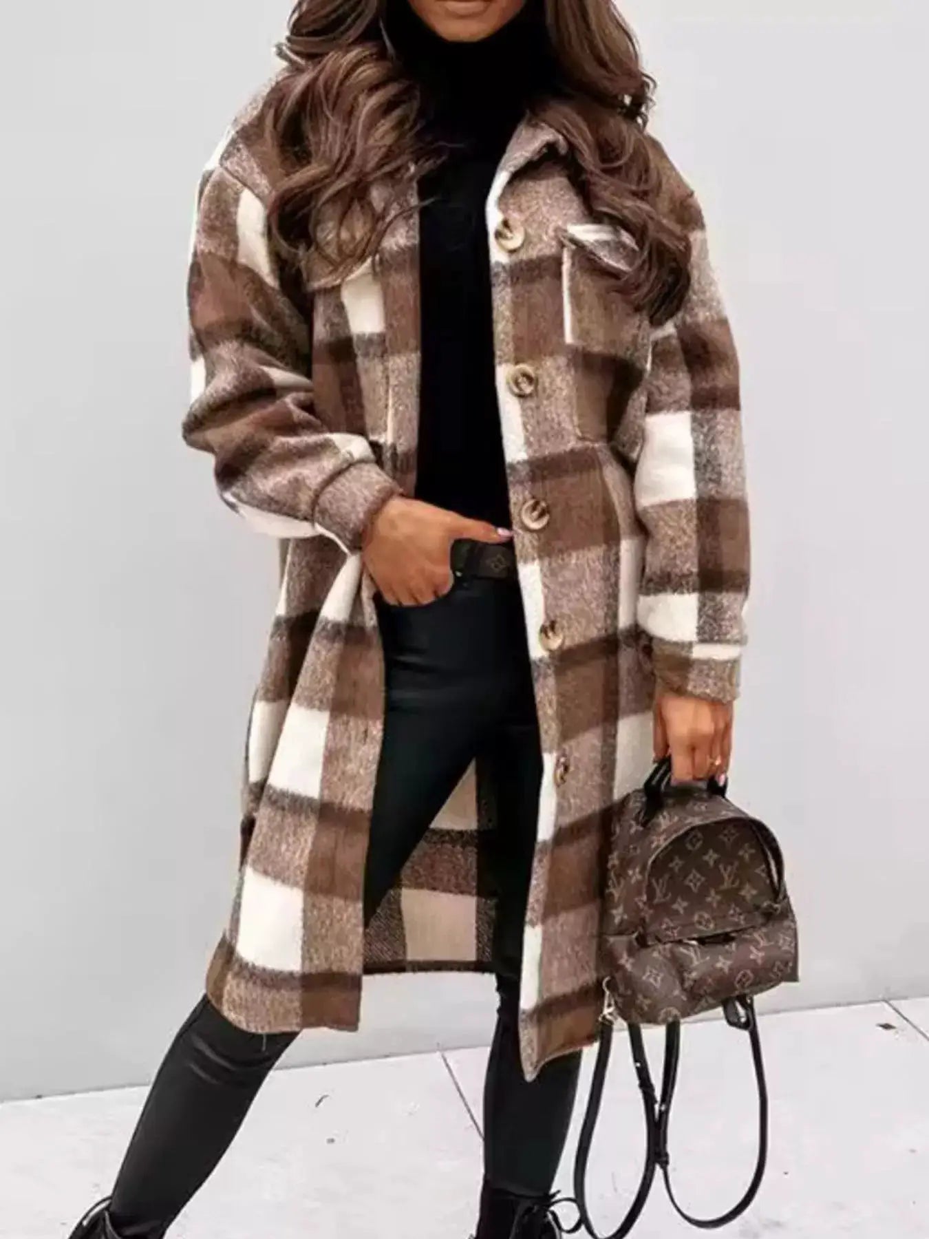 Longline Plaid Button Up Coat by Trendsi
