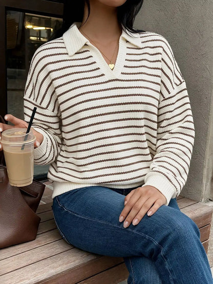 Striped Polo Collar Knit Sweatshirt by Trendsi