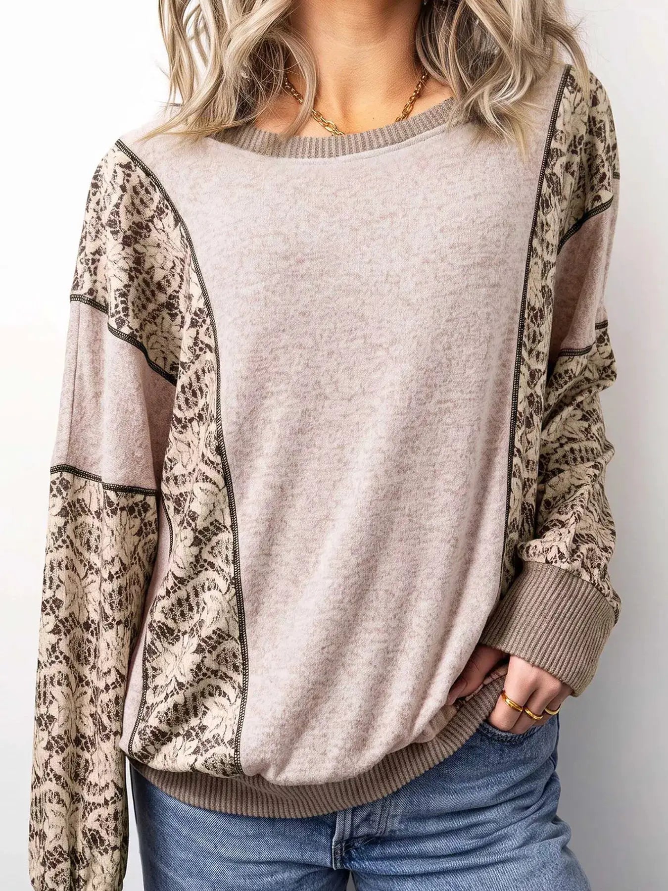 Floral Print Round Neck Long Sleeve Shift Top by Trendsi