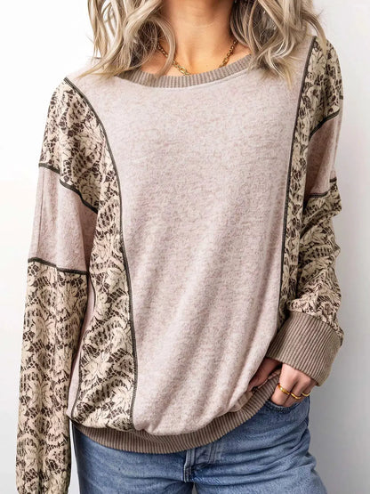 Floral Print Round Neck Long Sleeve Shift Top by Trendsi
