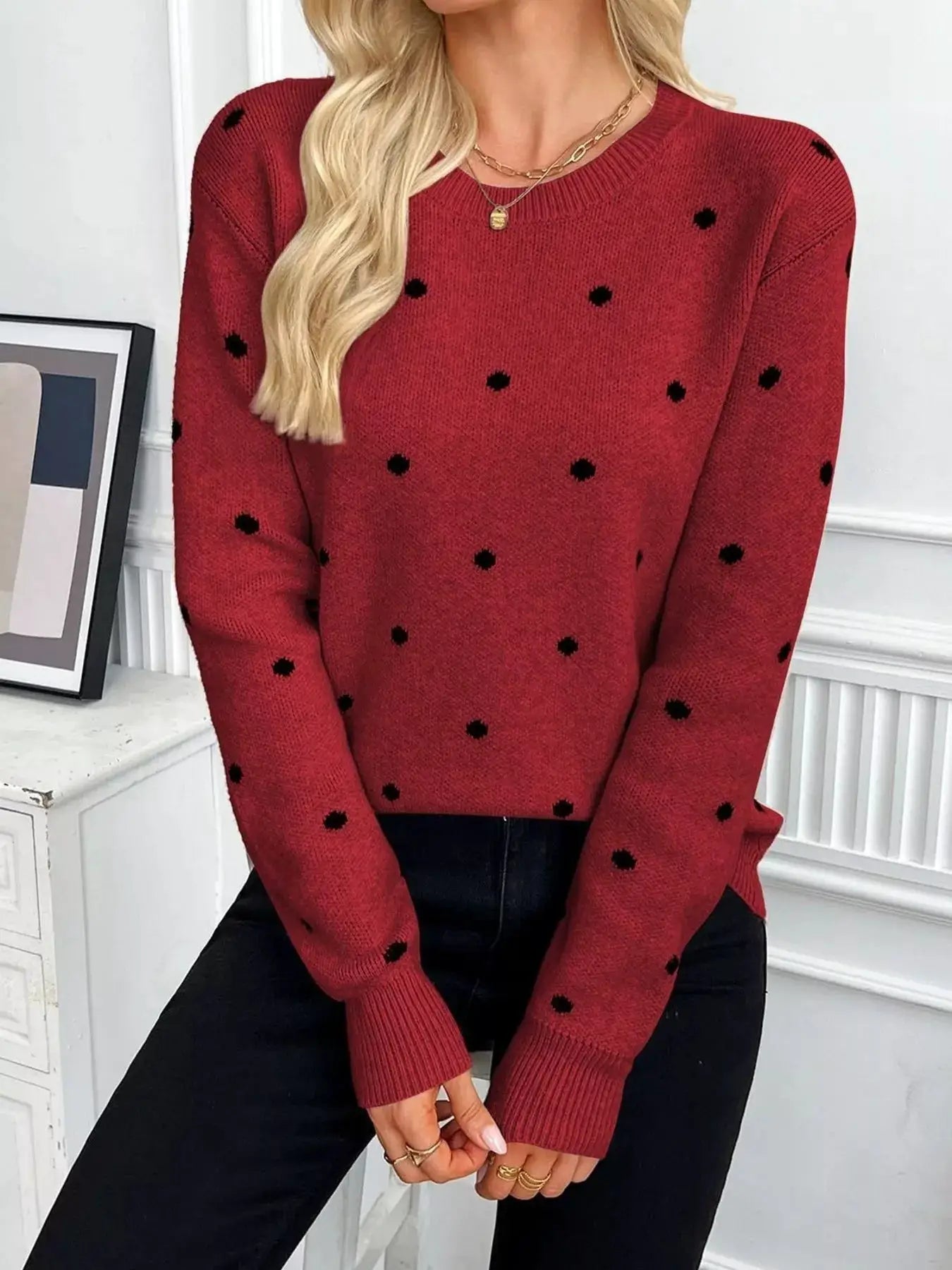 Polka Dot Crew Neck Sweater by Trendsi