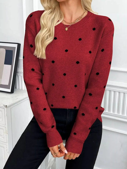 Polka Dot Crew Neck Sweater by Trendsi
