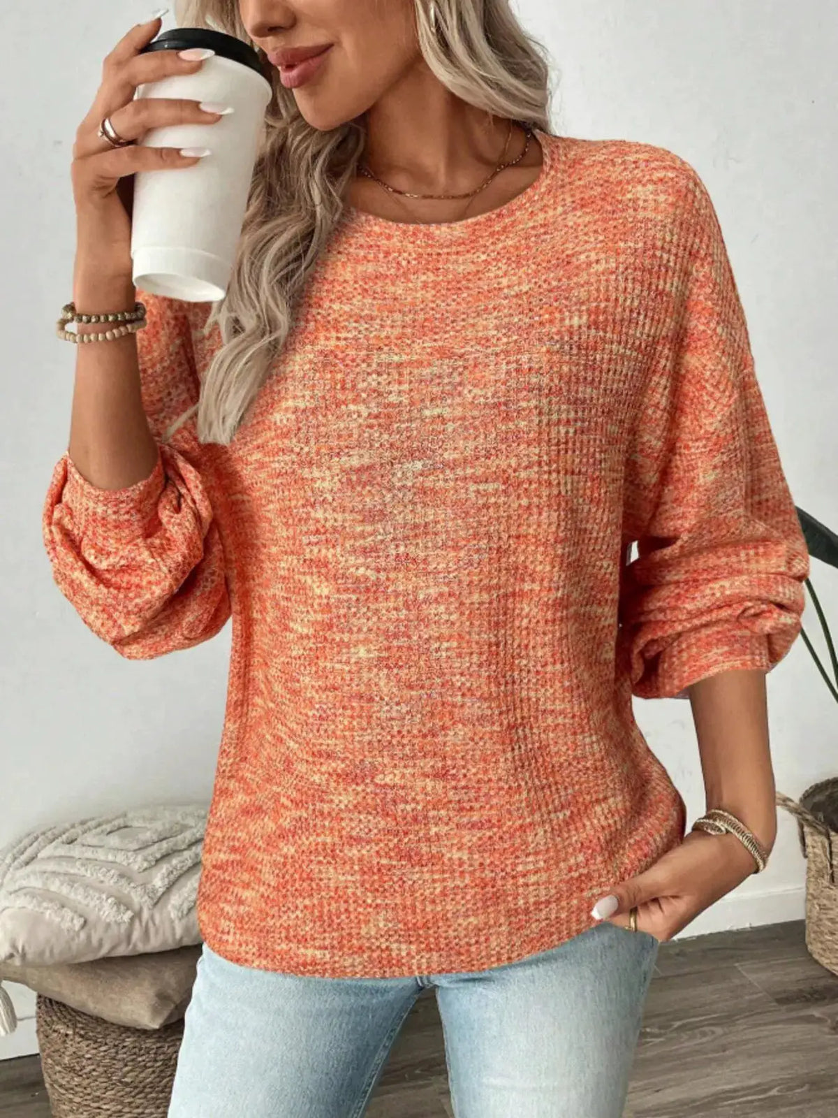 Space-Dyed Long Sleeve Waffle-Knit Top by Trendsi