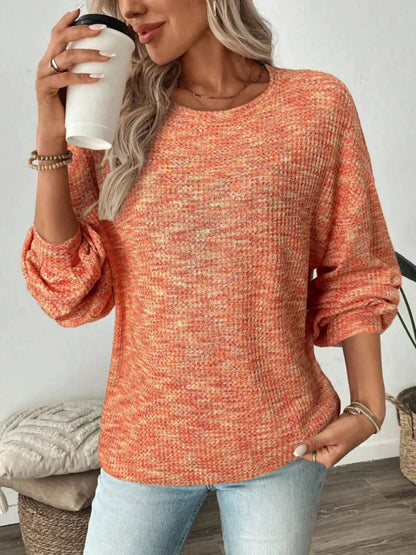 Space-Dyed Long Sleeve Waffle-Knit Top by Trendsi
