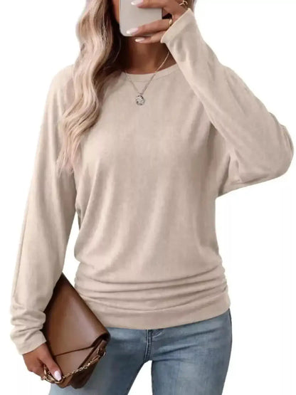Long Sleeve Crew Neck Casual T-Shirt with Ruched Hem by Trendsi
