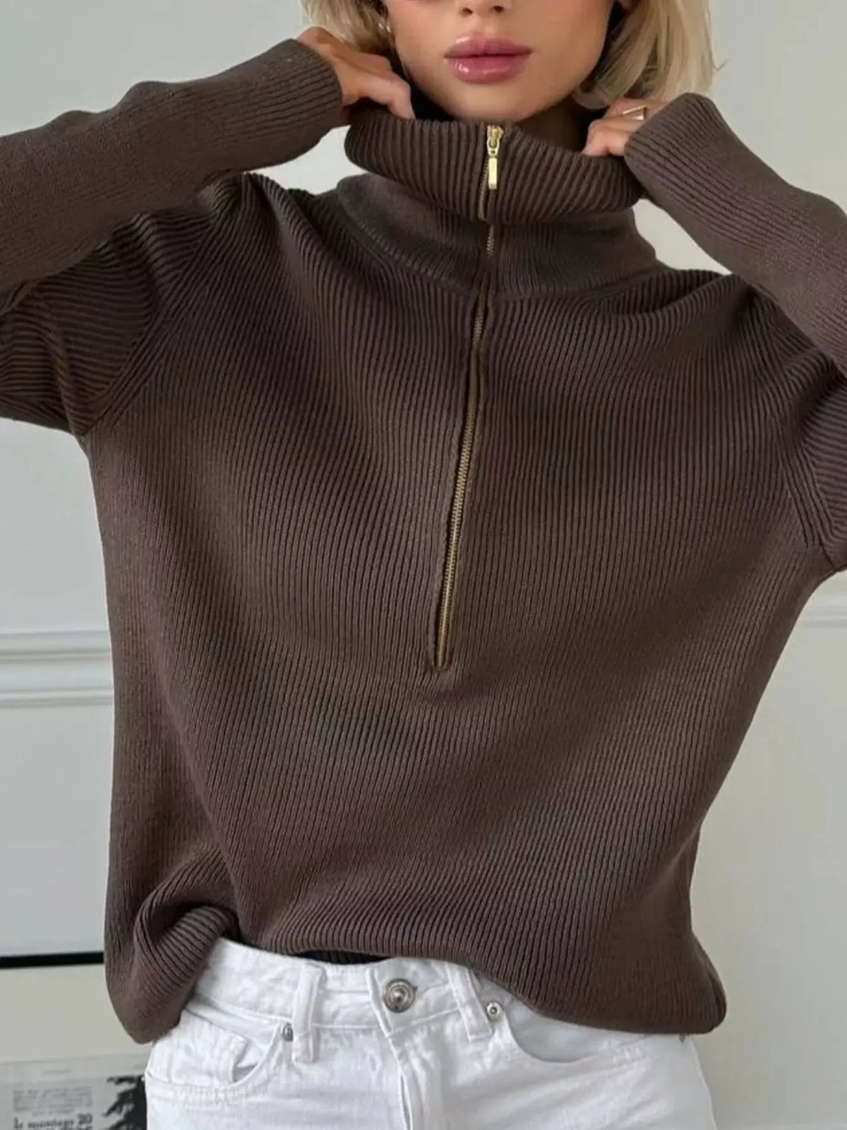 Ribbed Knit Quarter-Zip Sweater by Trendsi