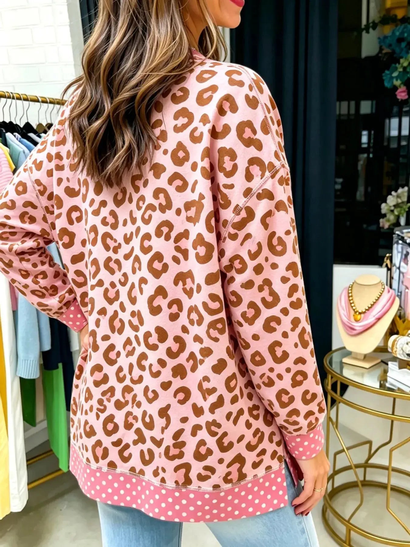 Side Slit Leopard Sweatshirt with Polka Dot Trim by Trendsi