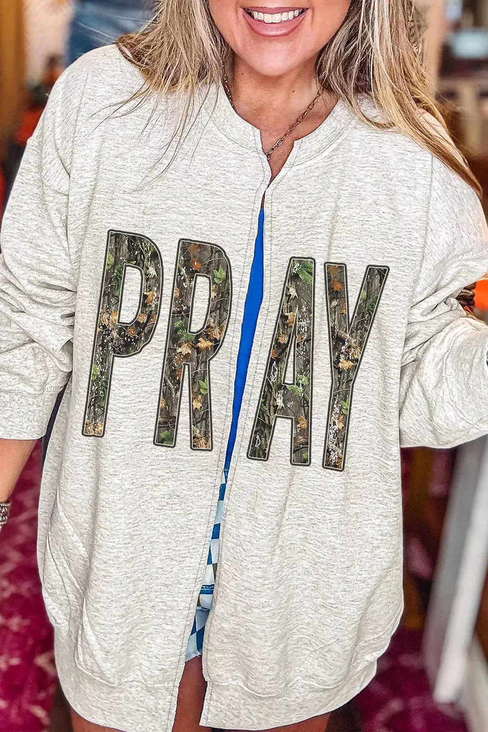 Camo Print PRAY Letter Open Front Tunic Sweatshirt by Trendsi