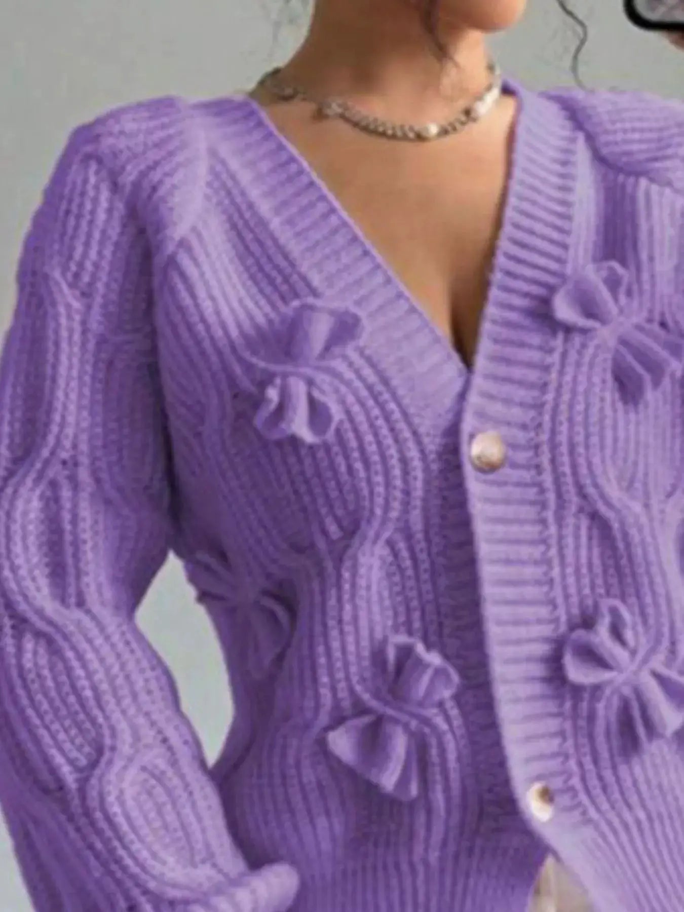 Bow Cable Knit V-Neck Cardigan by Trendsi