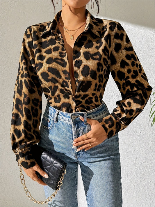 Leopard Collared Neck Long Sleeve Shirt