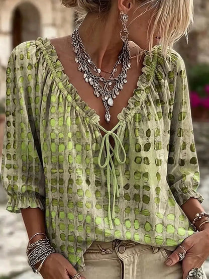 Full Size Tie Neck 3/4 Sleeve Blouse Plus Size by Trendsi