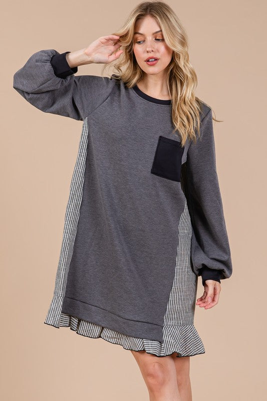 Ces Femme Striped Patchwork Round Neck Terry Sweatshirt Dress