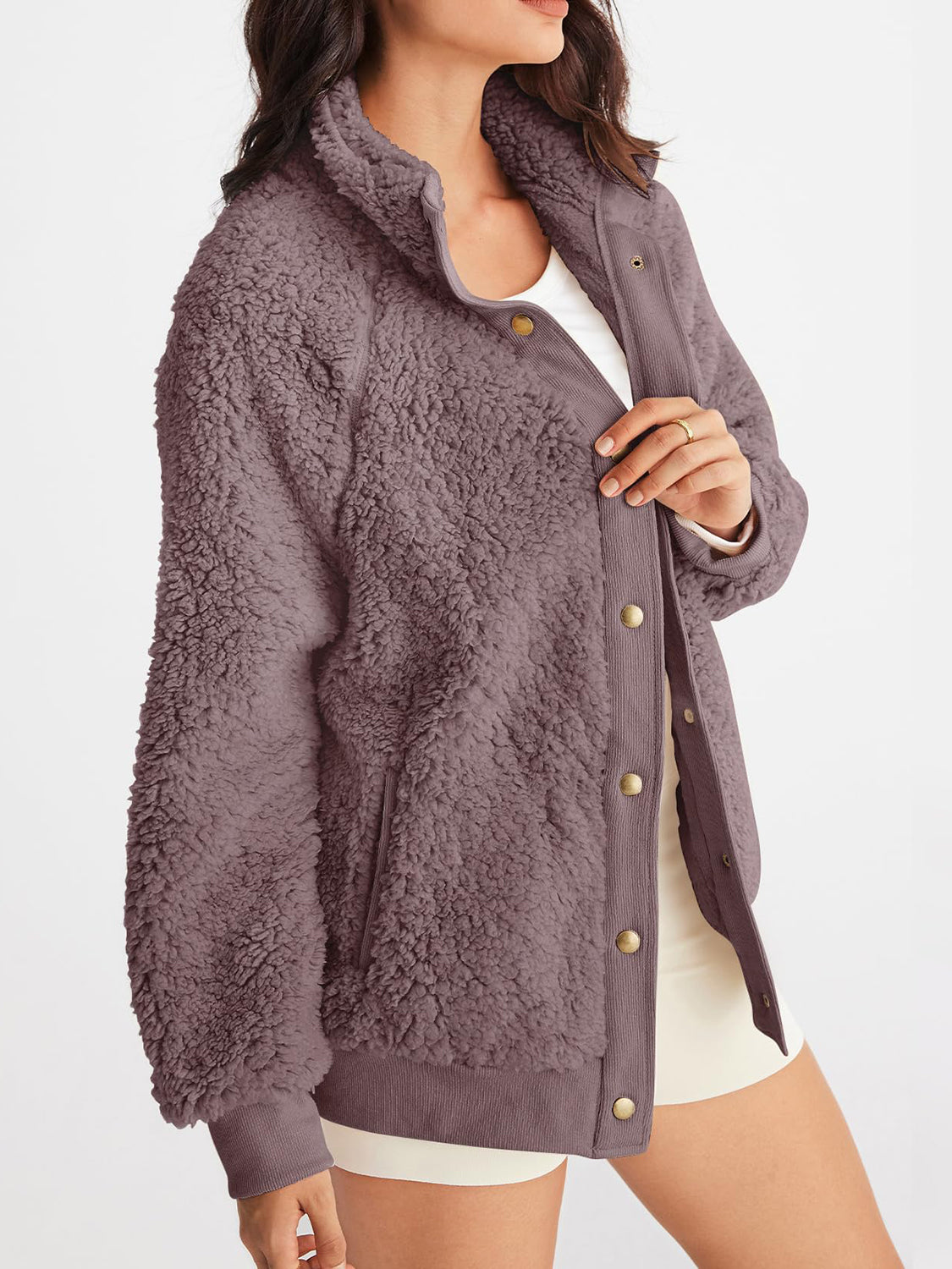 Full Size Teddy Snap Down Long Sleeve Jacket