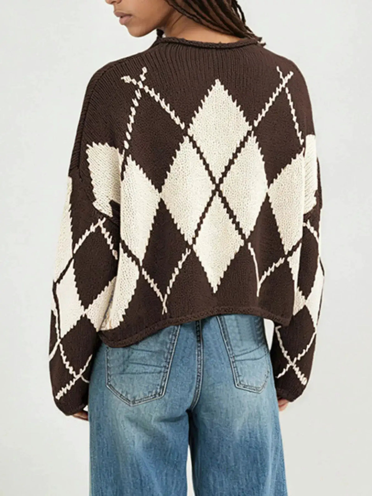 Argyle Pattern Knit Dropped Shoulder Sweater by Trendsi
