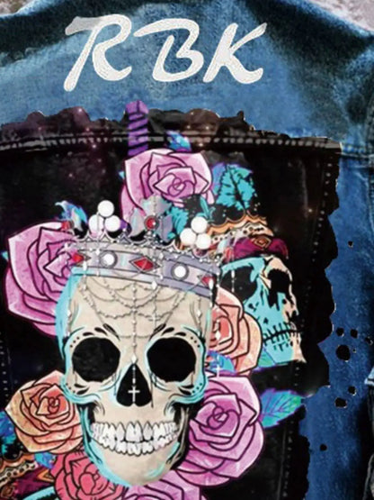 Full Size Skull and Rose Graphic Denim Jacket Plus Size by Trendsi