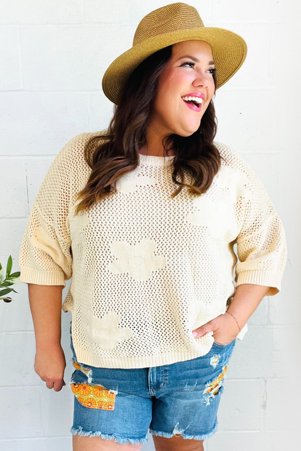 Feel Charming Oatmeal Floral Netted Crochet 3/4 Sleeve Sweater Top - Bitsy Gypsy Boutique