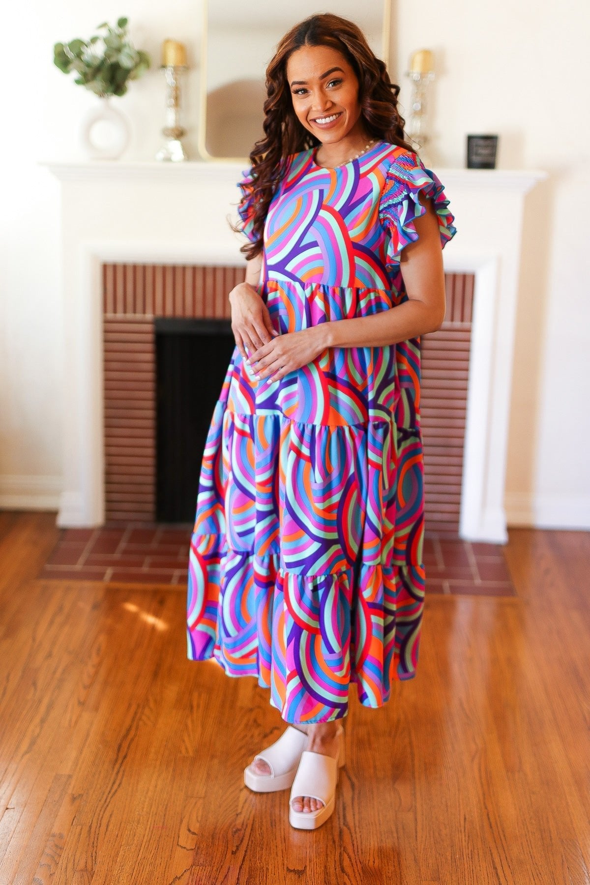 Feel Your Best Purple Abstract Print Smocked Ruffle Sleeve Maxi Dress - Bitsy Gypsy Boutique