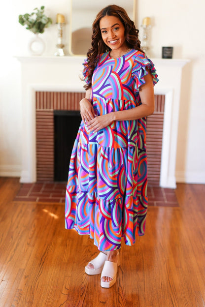 Feel Your Best Purple Abstract Print Smocked Ruffle Sleeve Maxi Dress - Bitsy Gypsy Boutique