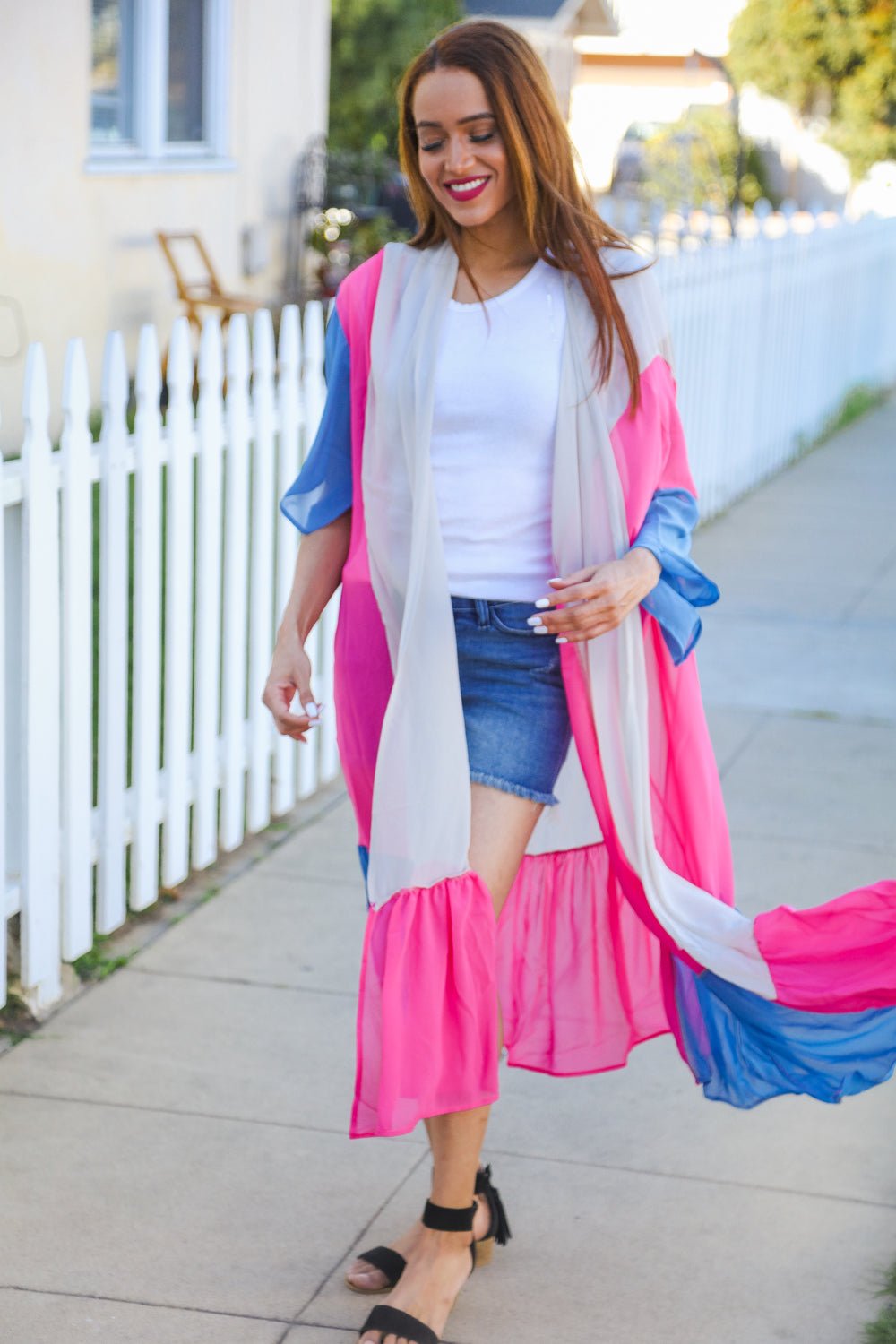 Feel Your Best Taupe & Fuchsia Color Block Ruffle Hem Kimono - Bitsy Gypsy Boutique