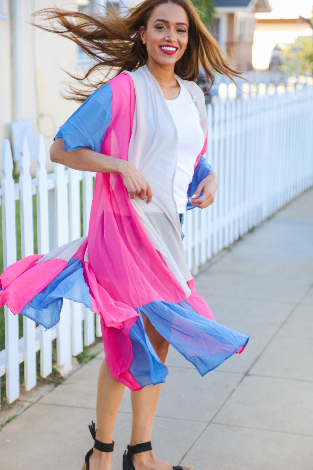 Feel Your Best Taupe & Fuchsia Color Block Ruffle Hem Kimono - Bitsy Gypsy Boutique