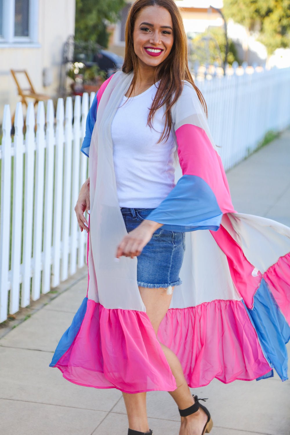 Feel Your Best Taupe & Fuchsia Color Block Ruffle Hem Kimono - Bitsy Gypsy Boutique