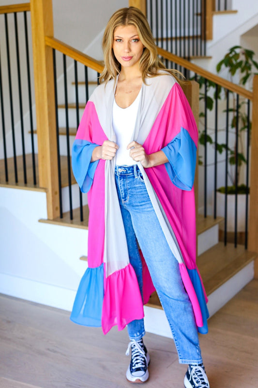 Feel Your Best Taupe & Fuchsia Color Block Ruffle Hem Kimono - Bitsy Gypsy Boutique