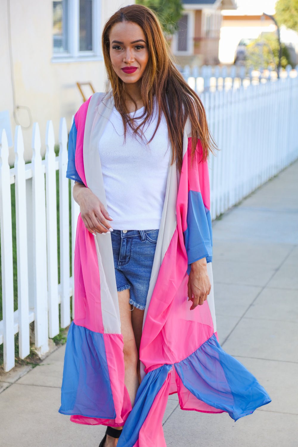 Feel Your Best Taupe & Fuchsia Color Block Ruffle Hem Kimono - Bitsy Gypsy Boutique