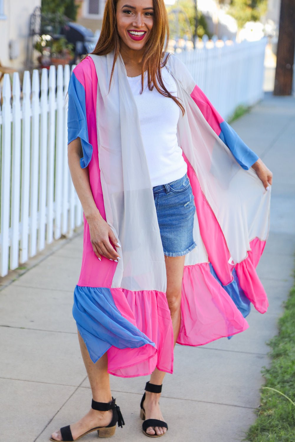 Feel Your Best Taupe & Fuchsia Color Block Ruffle Hem Kimono - Bitsy Gypsy Boutique